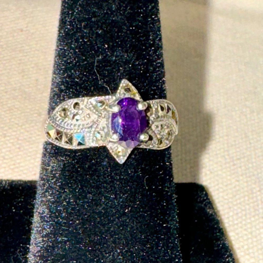 Vintage Judith Jack Amethyst & .925 Sterling Silver & Marcasite Ring Sz 8 READ